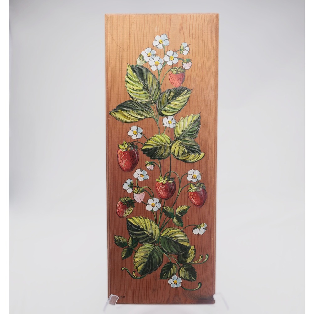 Vintage Hand Painted Strawberry Art Wood Wall Plaque Botanical Folk Art